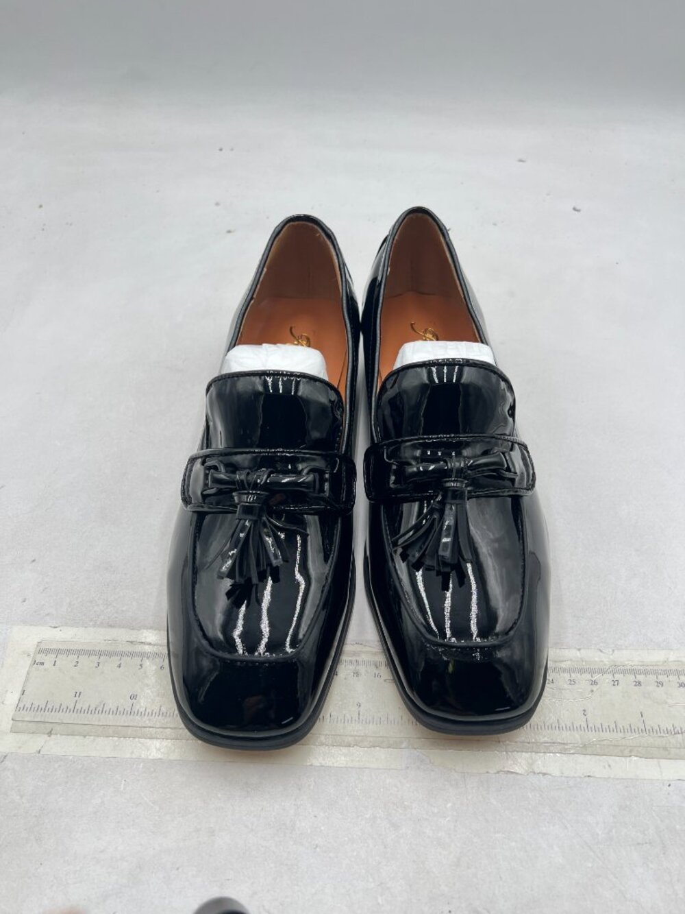 FOWT Black Men Glossy Square Toe Tassels Decor Loafers Low Heel Slip On Shoes - Picture 3 of 8